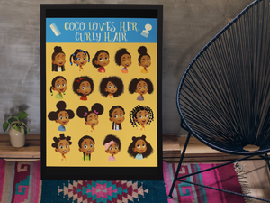 coco loves her curly hair, curly hair poster, afro hairstyle, children natural hairstyles, hairstyle poster,